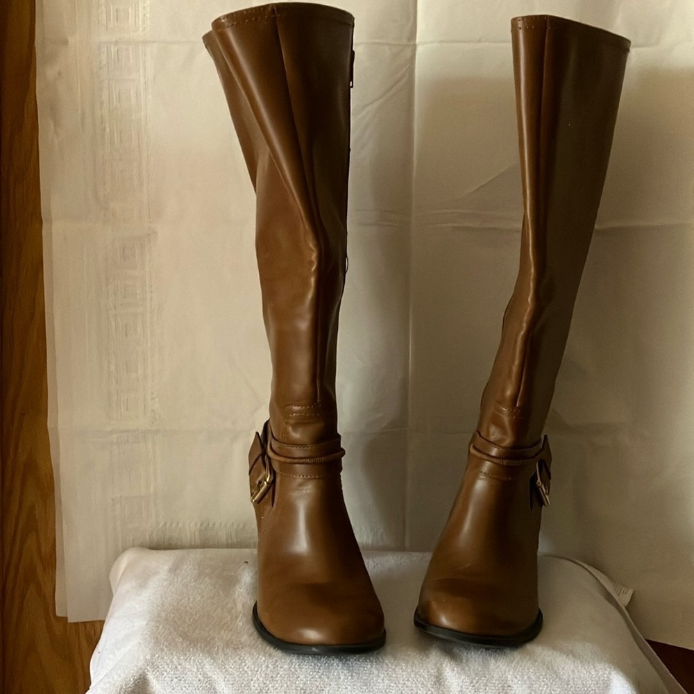 Nine West Vintage America Collection Knee High Sz 8 Tan Brown Mid Heel Boots GUC